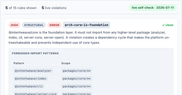 Rules Catalog demo — structural rule card with forbidden import patterns table